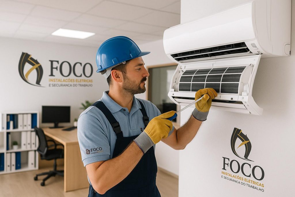 Ar Condicionado – Instalação e Manutenção Preventiva - Imagem relacionada ao serviço Técnico da FOCO realizando manutenção de ar-condicionado em escritório corporativo, utilizando EPI, com segurança e qualidade.